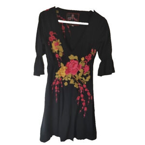 Johnny Was Roses Dress Black Sleeve Twist Front Garden Floral Cottage Size S